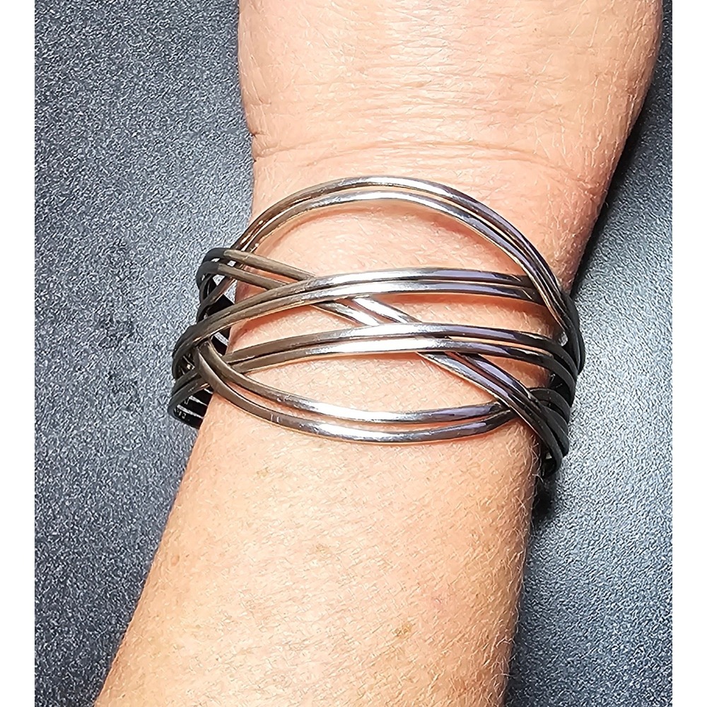 Silver Tone Boho Multi Strand Wide Cuff Bracelet Overlapping Wire Jewelry‎